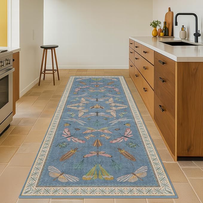 Vintage Blue Insect Hallway Runner Rug 3x8 Long, Non Slip Washable Carpet