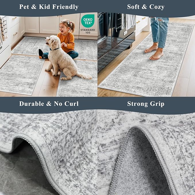Washable Kitchen Rugs Sets of 4, Non Slip Standing Mat Rug, Stain Resistant