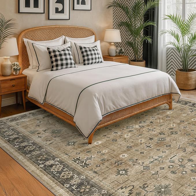 Taupe and Sage 8x10 Living Room Rug, Oriental Large Area Rug