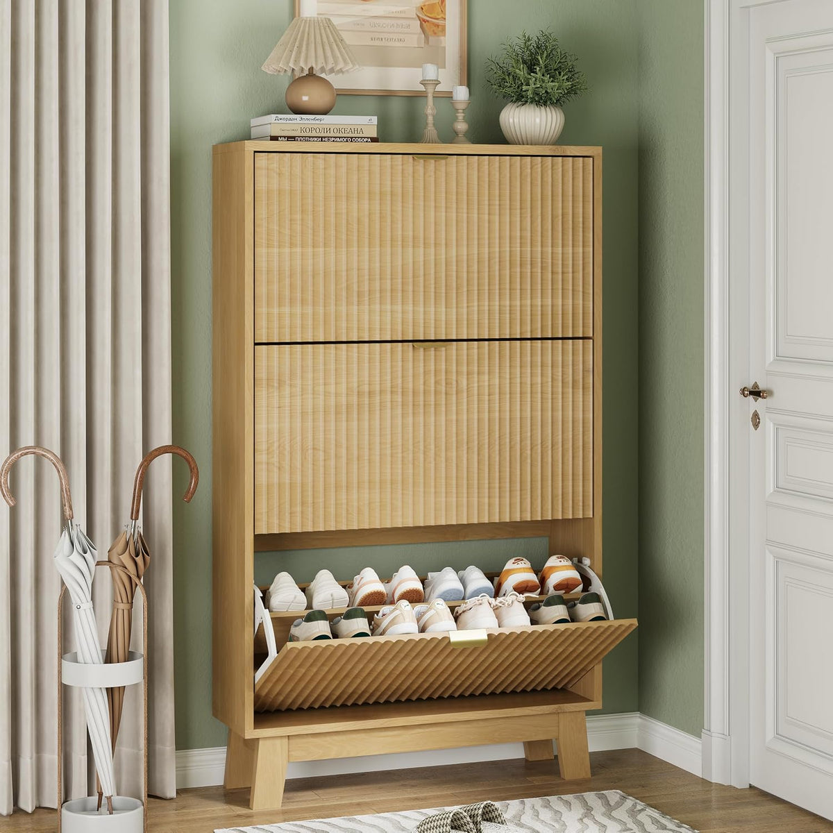 Xixini Shoe Cabinet with 3 Flip Drawers, 54" Tall Narrow Fluted Shoe Storage Organizer for Entryway, Hidden Slim Wooden Shoe Rack Cabinet for Front Door Entrance, Hallway, Living Room, Natural Oak