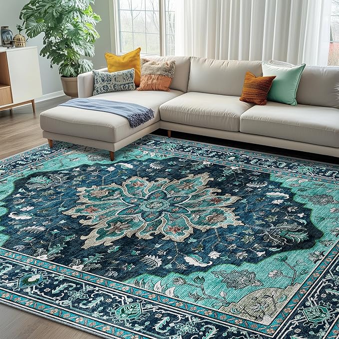 RELEANY Area Rugs 7'x10' Washable Non-Slip, Floral Vintage Distress Medallion
