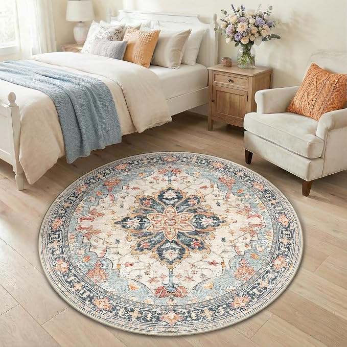 RELEANY Area Rugs Round 4ft Washable Non-Slip, Floral Vintage Distress