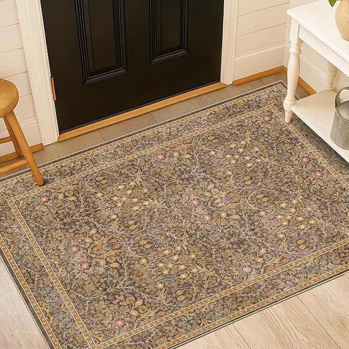 Vintage Gold Brown Entryway Rug, 3x4 Washable Area Rugs