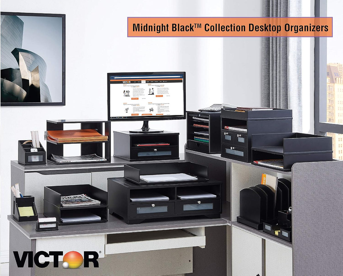 Victor Monitor Riser with Drawer and Storage Shelf - Wood Monitor Stand for Desk, Desk Organizer with Faux Leather Top, Organize Office Supplies, 13 x 13 x 6.5-Inches, Midnight Black