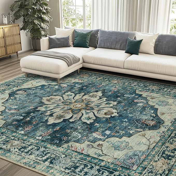 RELEANY Area Rugs 6'x9' Washable Non-Slip, Floral Vintage Distress Medallion