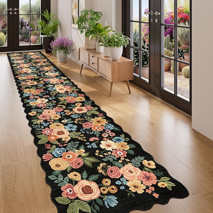 DUKINO 2.6x14 Runner Rug for Hallway, Non Slip Floral Washable Kitchen Rug