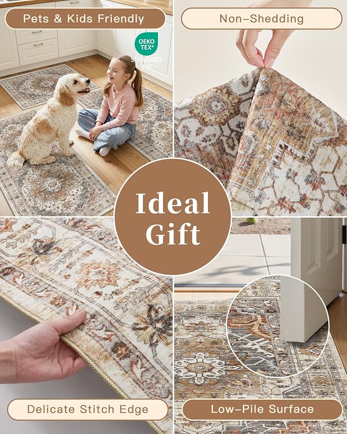 Madane Washable Kitchen Rug Set of 3, Small Area Rug Non-Slip Vintage Entryway