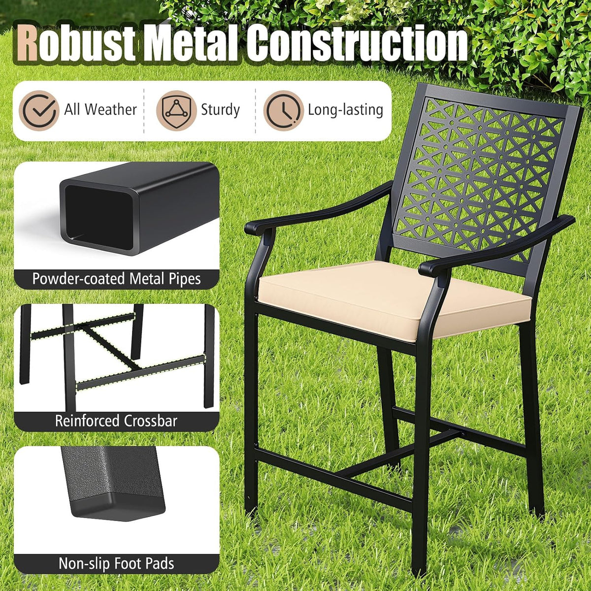 COSTWAY Set of 2 Outdoor Bar Stools, 25" Metal Patio Chairs w/Cushions