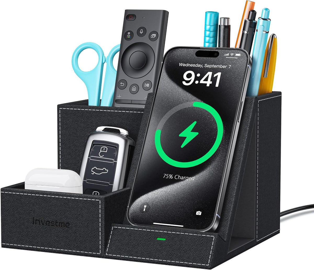 Wireless Charger with Desk Organizer, 3 Compartments and 1 Phone Stand