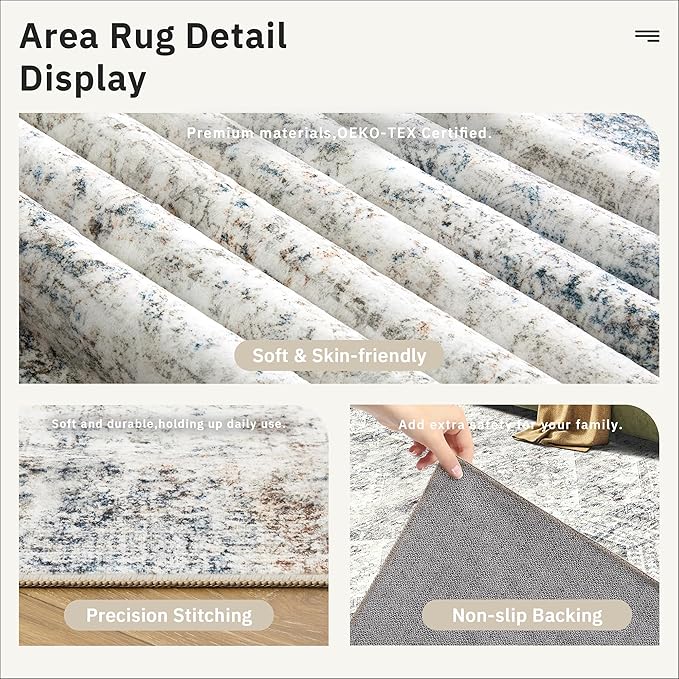 Soalmost 5x7 Area Rugs Blue Ivory Low Pile Indoor Washable Trendy Faded Style