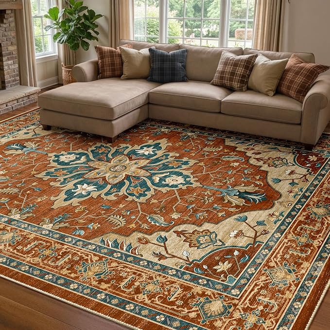 RELEANY Area Rugs 7'x10' Washable Non-Slip, Floral Vintage Distress Medallion