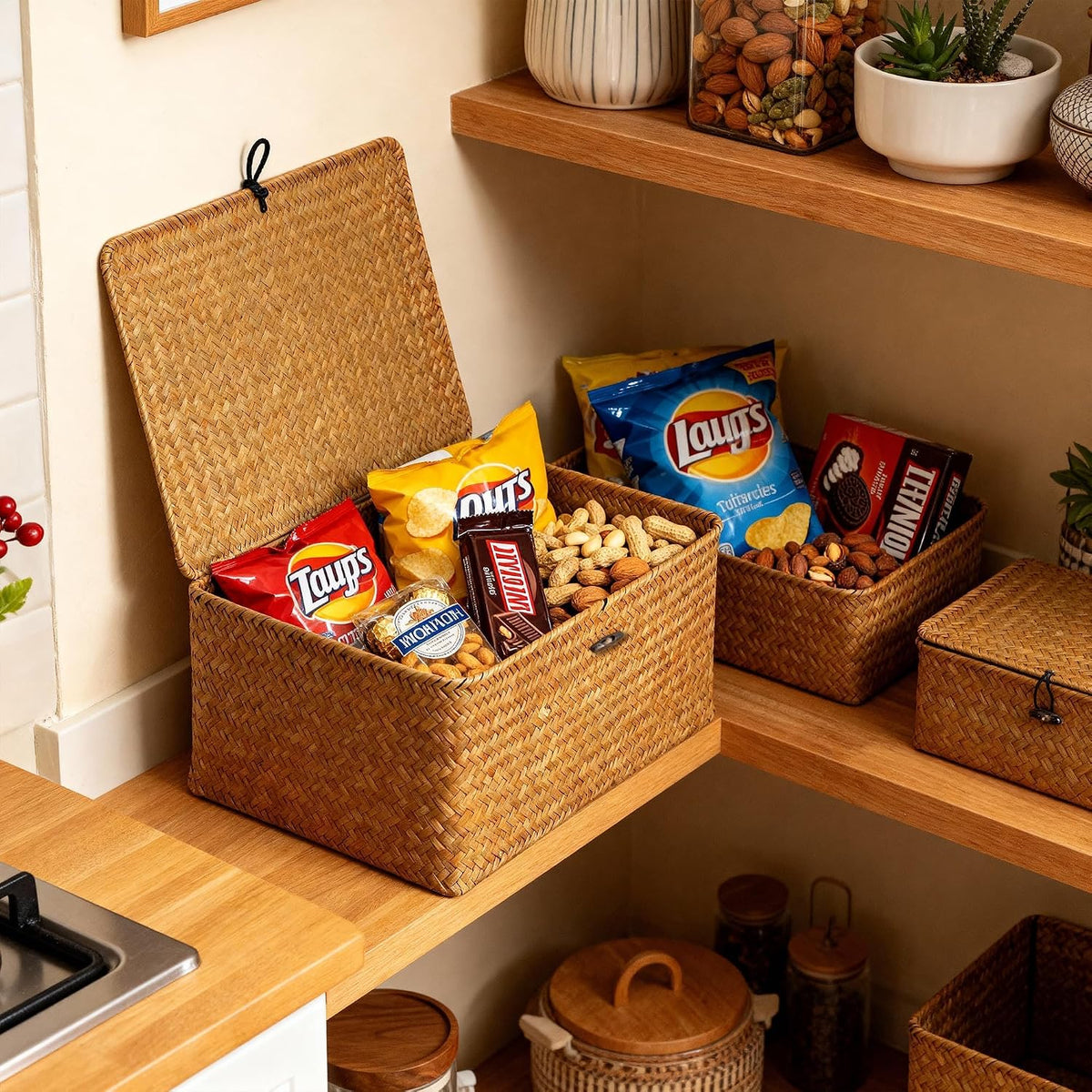 Nonam Large Wicker Basket with Lid,Seagrass Shelf Storage Basket,Natural