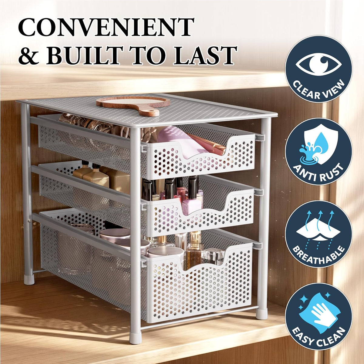 Simple Houseware 3 Tier White Alloy Steel Sliding Basket Organizer Drawer Cabinet