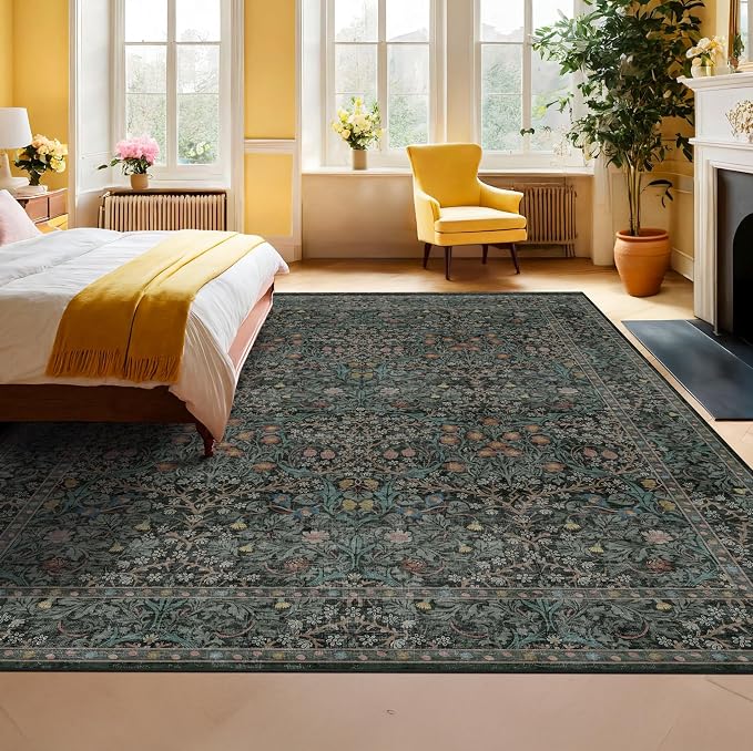 Vintage Dark Green Living Room Rug, 7x10 Washable Area Rugs