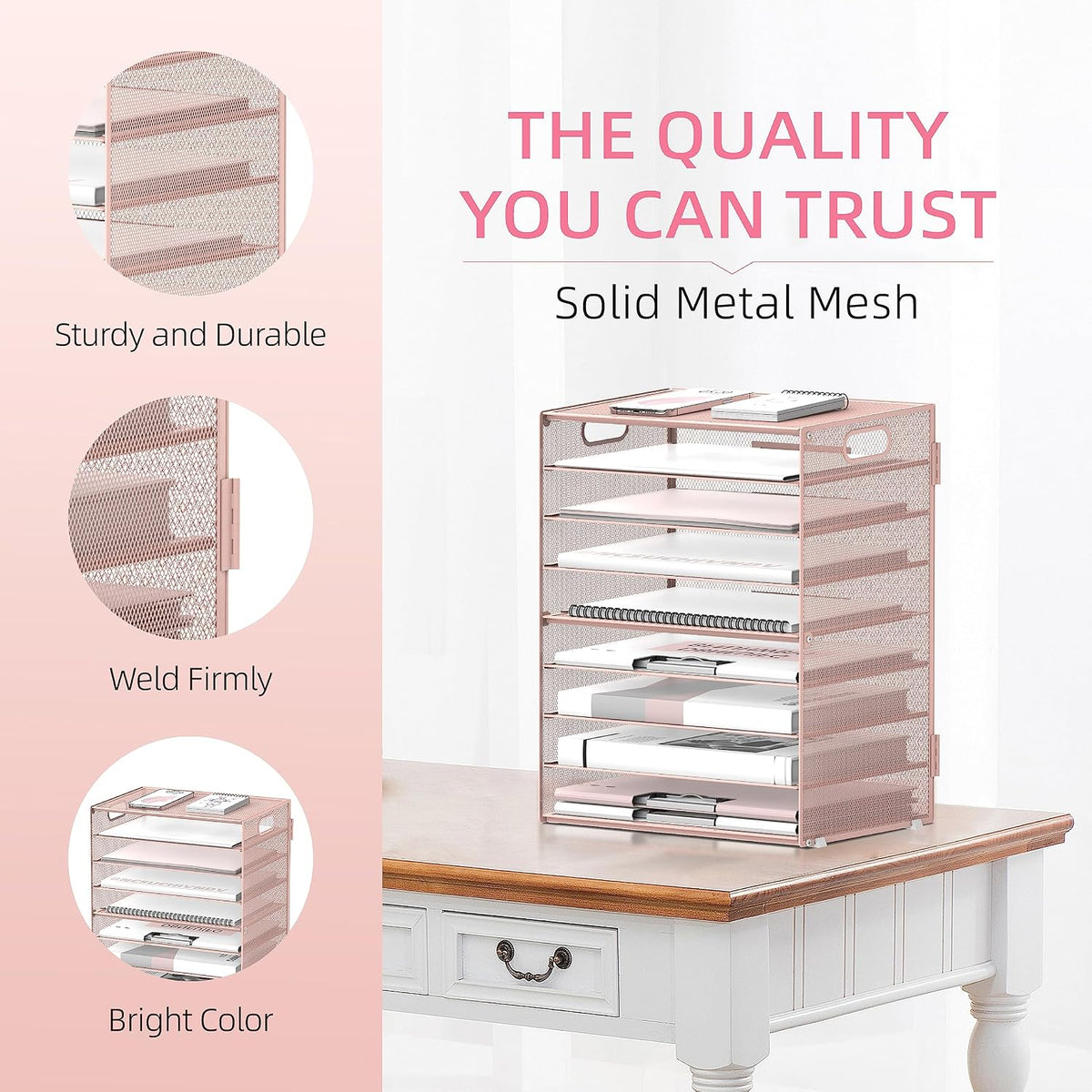 9-Tier Paper Organizer for Desk, Metal Mesh Letter Tray with Handles, Pink