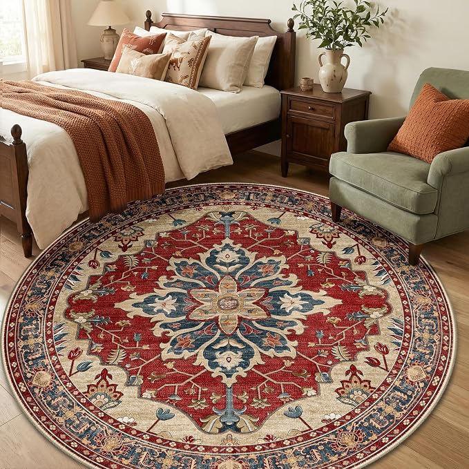 RELEANY Area Rugs Round 6ft Washable Non-Slip, Floral Vintage Distress