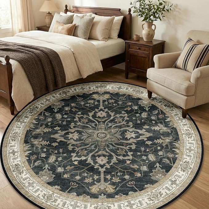 RELEANY Area Rugs Round 6ft Washable Non-Slip, Floral Vintage Distress
