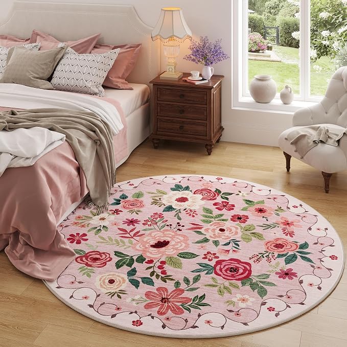 DUKINO Floral Round Rug, 4ft Washable Round Area Rug, Non Slip Indoor Low Pile