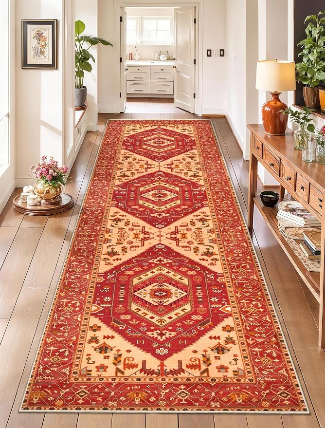 SERISSA Runner Rug for Hallways, Long Boho Rug Vintage Red Hallway Stair Ultra