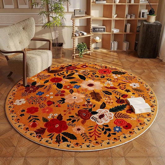 Rugcomf Round Rug 4ft Washable Circle Rug Non Slip Low Pile Boho Floral Small