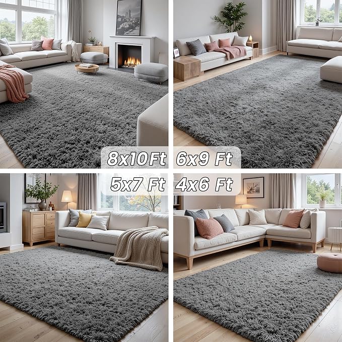 5x7 Area Rugs for Living Room Rug: Soft Fluffy Shag Light Gray Rugs for Bedroom
