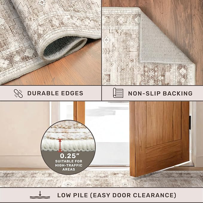Washable Neutral Farmhouse Living Room Rug, 6x9 Area Rugs