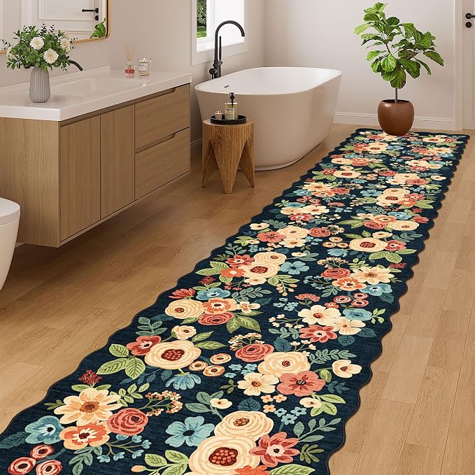 DUKINO 2.6x12 Runner Rug for Hallway, Non Slip Floral Washable Kitchen Rug