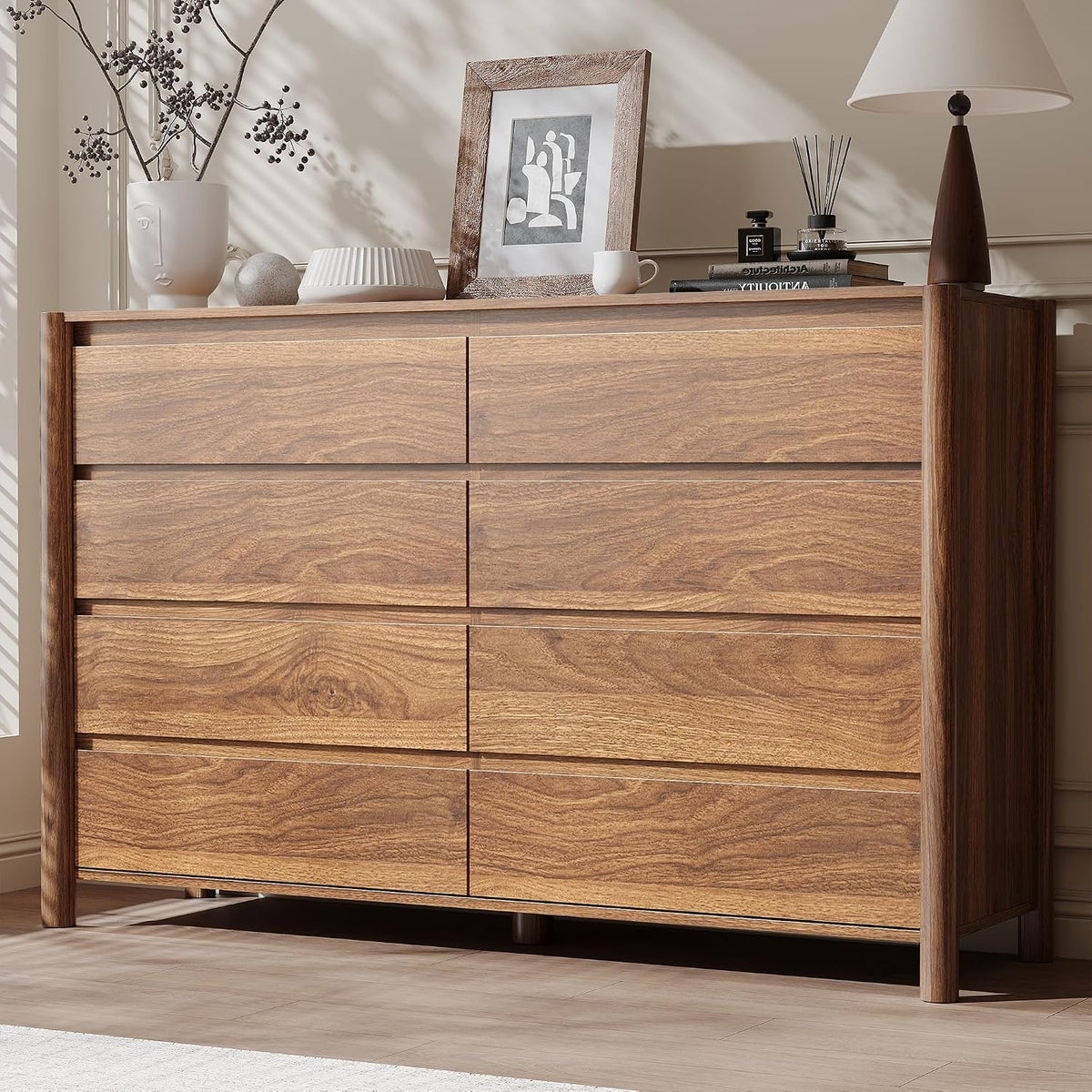 CHUWELL 55" Wide Walnut 8 Drawer Dresser for Bedroom with Solid Wood Legs