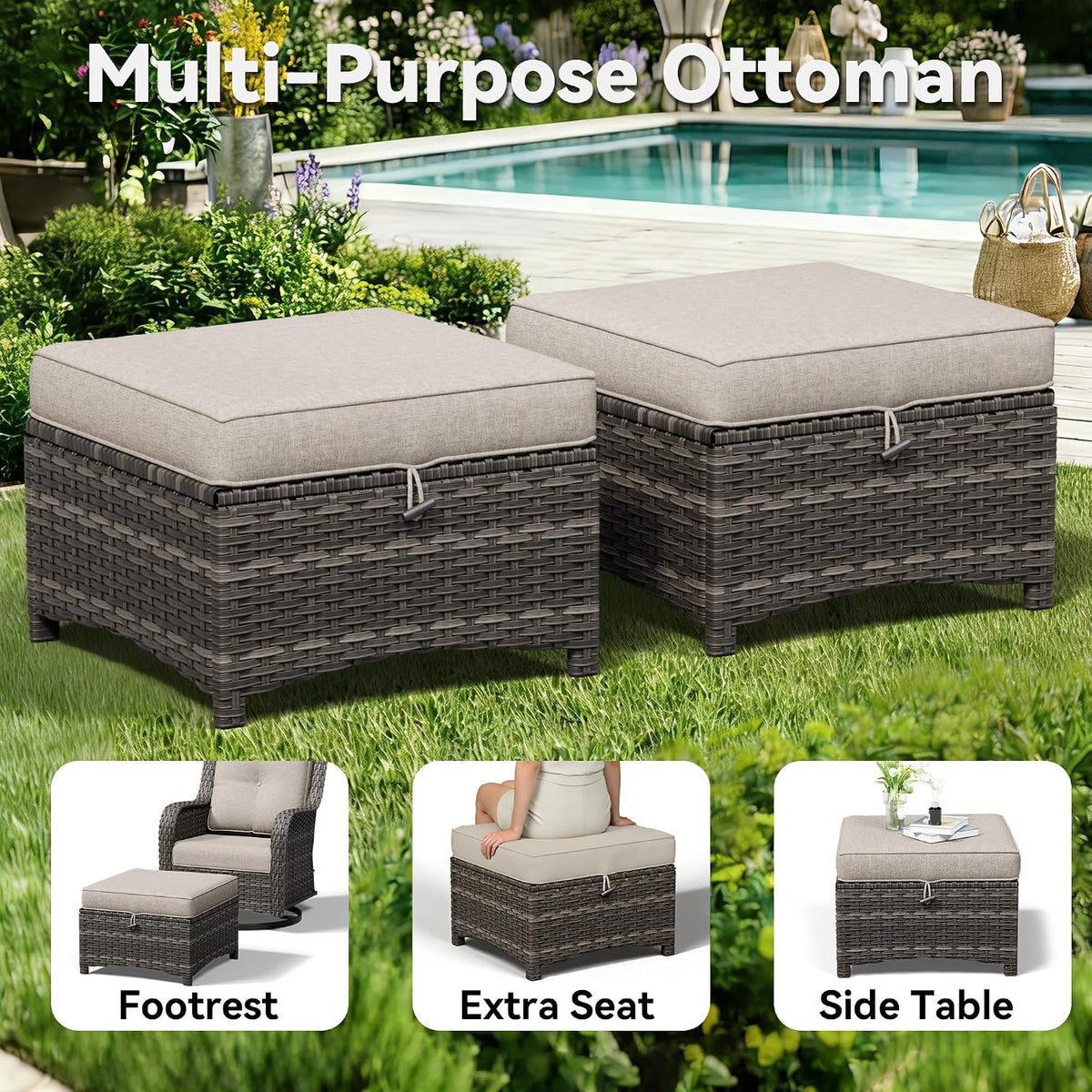 Patio Ottomans Set of 2, 22"x 22"x 18" Outdoor Wicker Footstool with Cushion, Beige, for Garden, Backyard, Deck, Porch, Balcony, Poolside