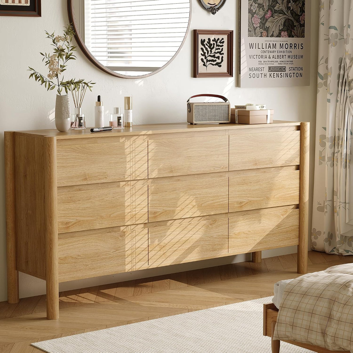 63in Oak 9 Drawer Dresser & 2 Nightstand Set, 3 Pcs Bedroom Furniture