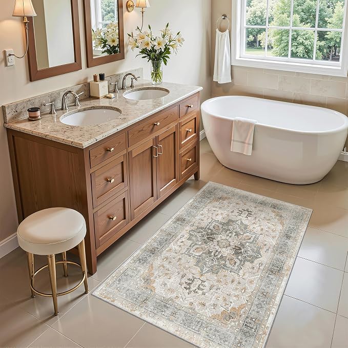 Madane Washable Area Rug 2x3, Small Entryway Rug Non-Slip Vintage Door Mat