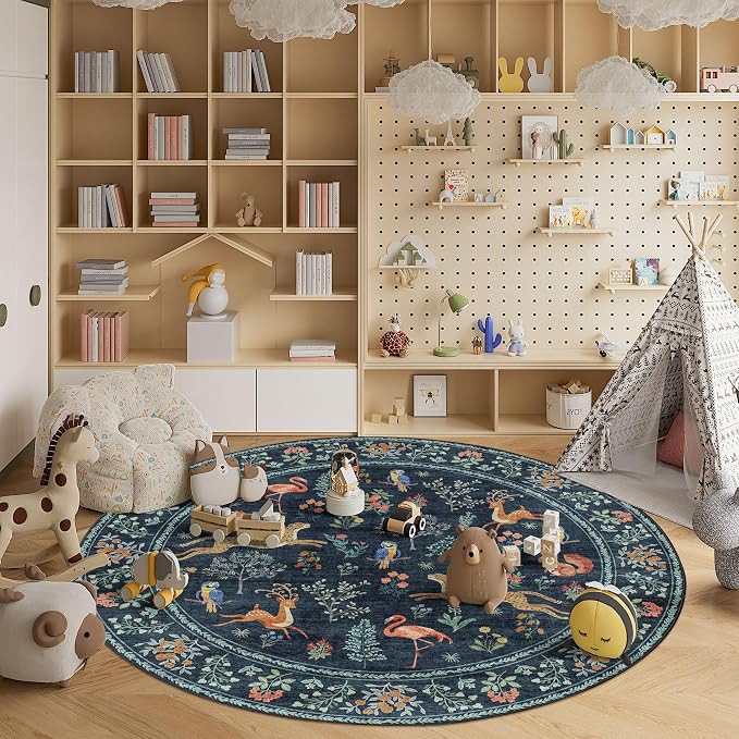 DUKINO 6ft Round Rug for Bedroom, Animal Print Washable Circle Rug