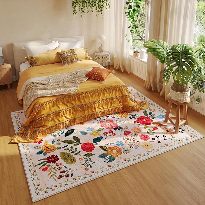 Rugcomf Living Room Rug 5x7 Rug Machine Washable Boho Area Rug Non Slip Floral