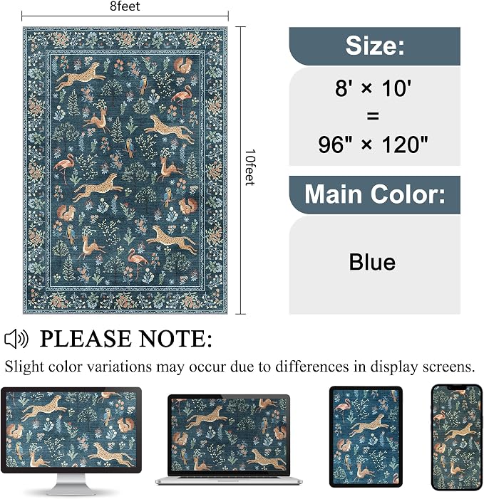 DUKINO 8x10 Rug, Washable Animal Living Room Rug