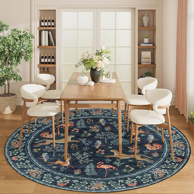 DUKINO 6ft Round Rug for Bedroom, Animal Print Washable Circle Rug