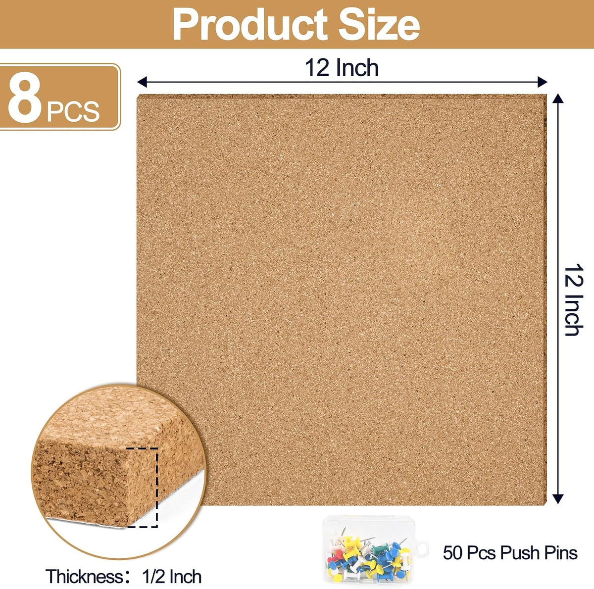 12"x12" Cork Board Tiles, 8 Pack Adhesive Square Bulletin Boards for Walls