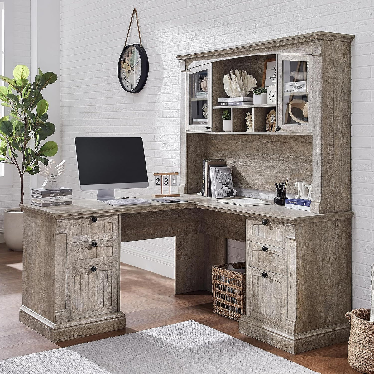 OKD 60" Farmhouse Desk Hutch, Glass Door Storage Cabinet, Gray Oak