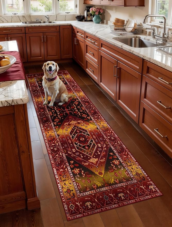 SERISSA Boho Washable Runner Rug, 2x6 Rug Runner Non-Slip Vintage Rustic Red