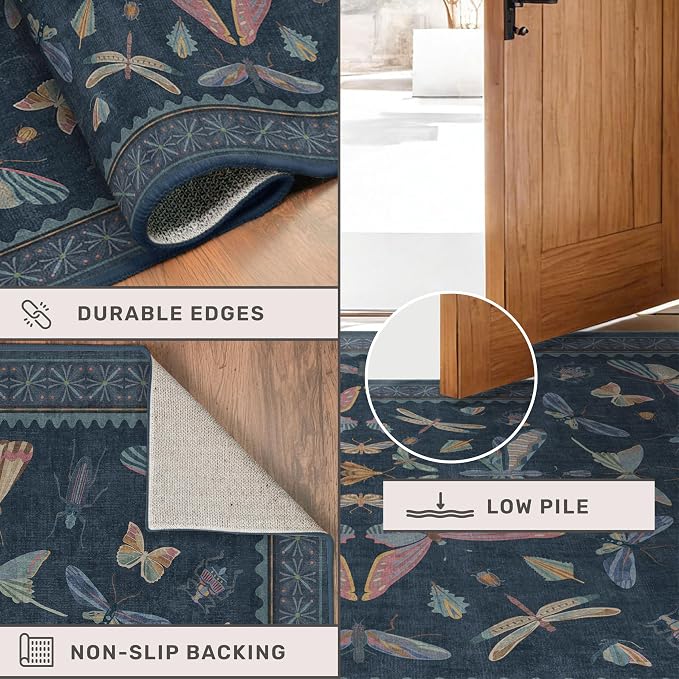 Navy Blue 6x8 Boho Rug for Living Room, Stain Resistant Non Slip Area Rug for