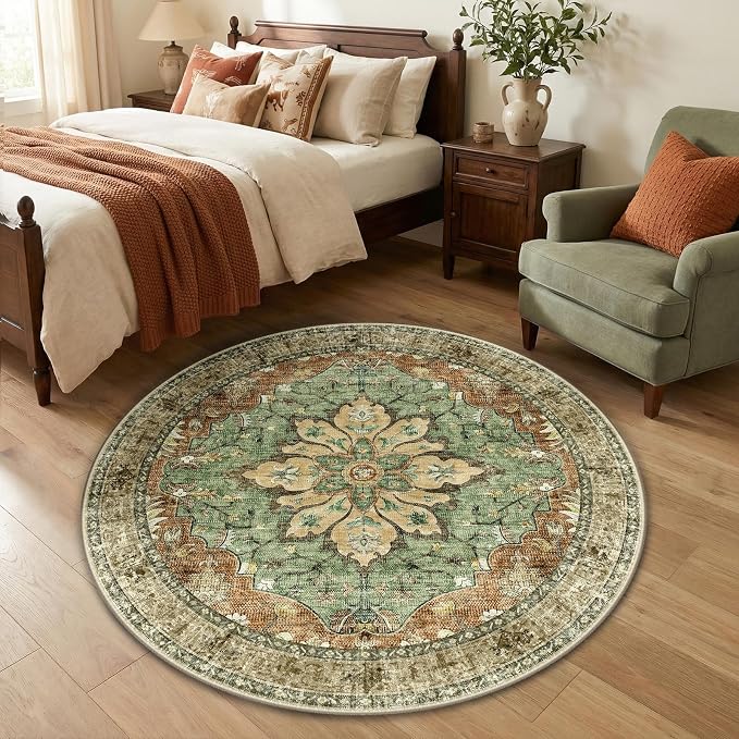 RELEANY Area Rugs Round 4ft Washable Non-Slip, Floral Vintage Distress