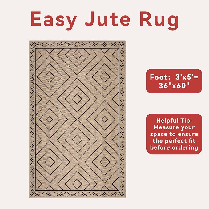 Tangsoo Easy Jute Rug 3x5 for Entryway, Geometric Non-Slip Washable Indoor