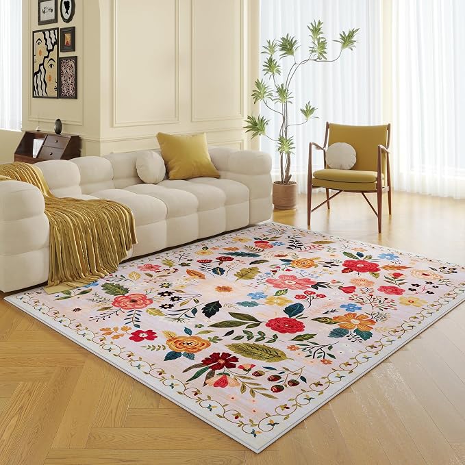 Rugcomf Living Room Rug 5x7 Rug Machine Washable Boho Area Rug Non Slip Floral