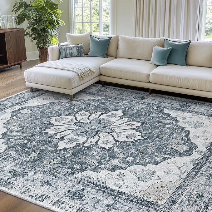 RELEANY Area Rugs 6'x9' Washable Non-Slip, Floral Vintage Distress Medallion