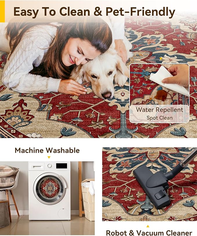 RELEANY Area Rugs Round 6ft Washable Non-Slip, Floral Vintage Distress