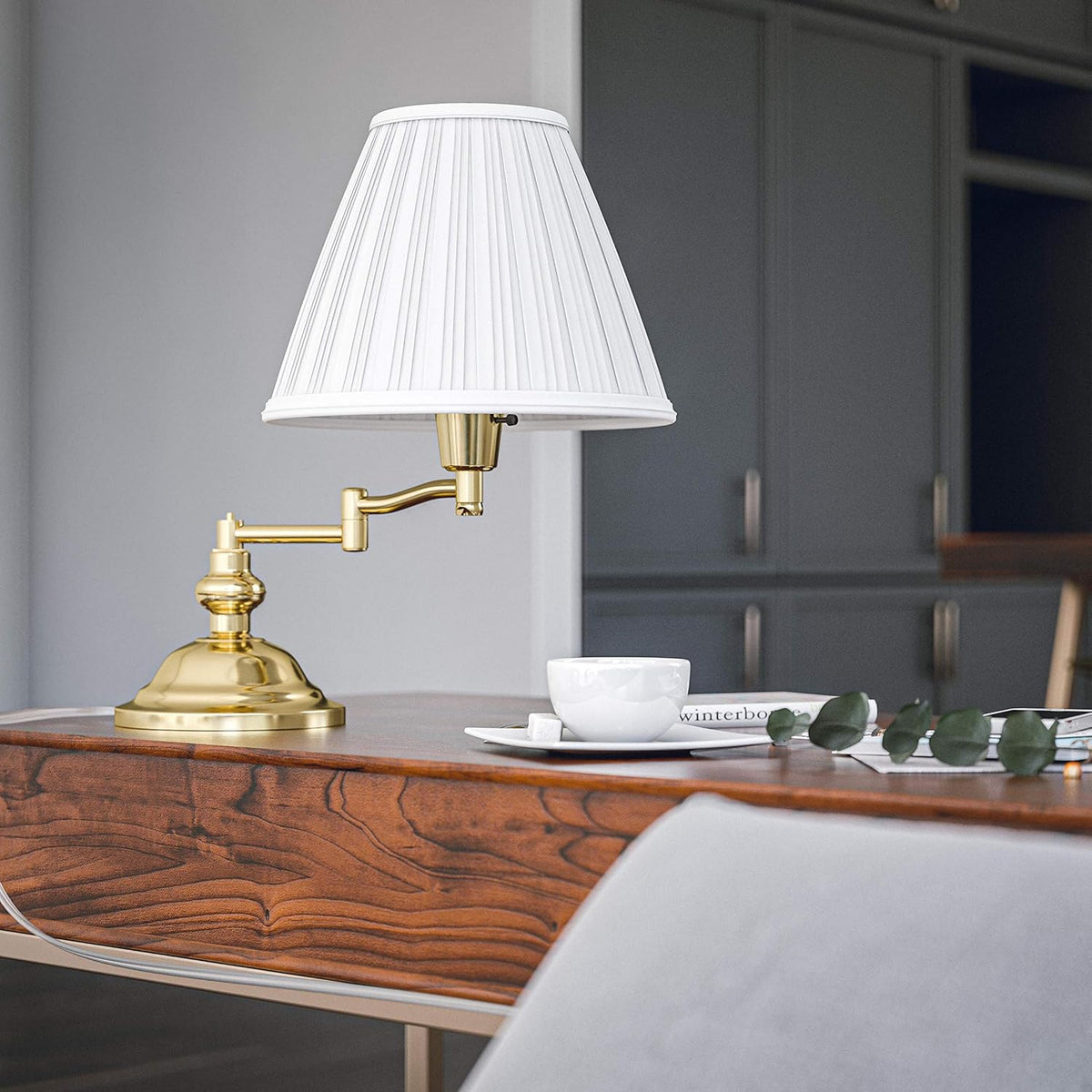 Kenroy Home Classic Swing Arm Swing Arm Desk Lamp with Polished Brass Finish, Classic Style, 16" Height, 16" Width, 12.5" Depth