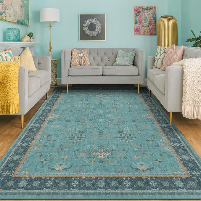 Washable 5x8 Teal Rug for Living Room, Boho Area Rugs for Bedroom Under Bed