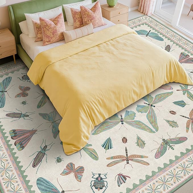 Green Butterfly Area Rug 9x12 for Living Room, Washable Floral Rug for Girls