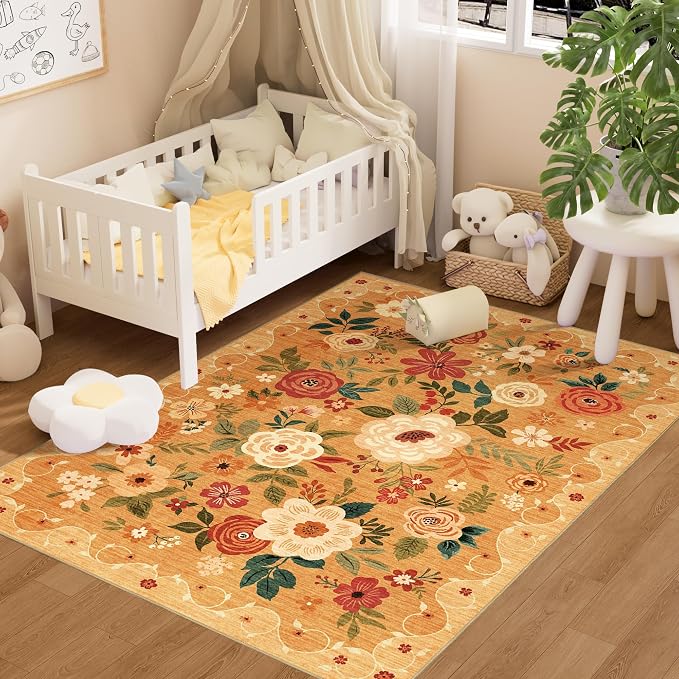 DUKINO 4x6 Area Rug, Lightweight Non Slip Washable Floral Rug, Indoor Low Pile
