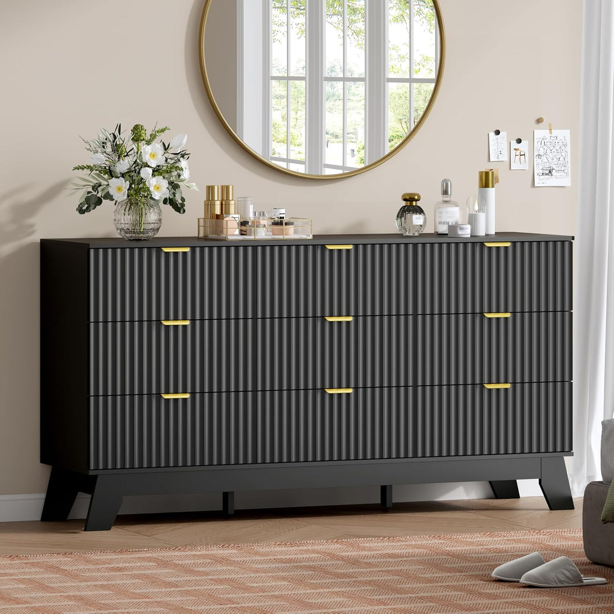 Wodeer 9 Drawer Fluted Dresser for Bedroom, Mid Century Modern Dresser with 9 Drawers, Dressers & Chests of Drawers with Metal Handle, TV Stand & Storage Organizer for Entryway, Hallway, Black