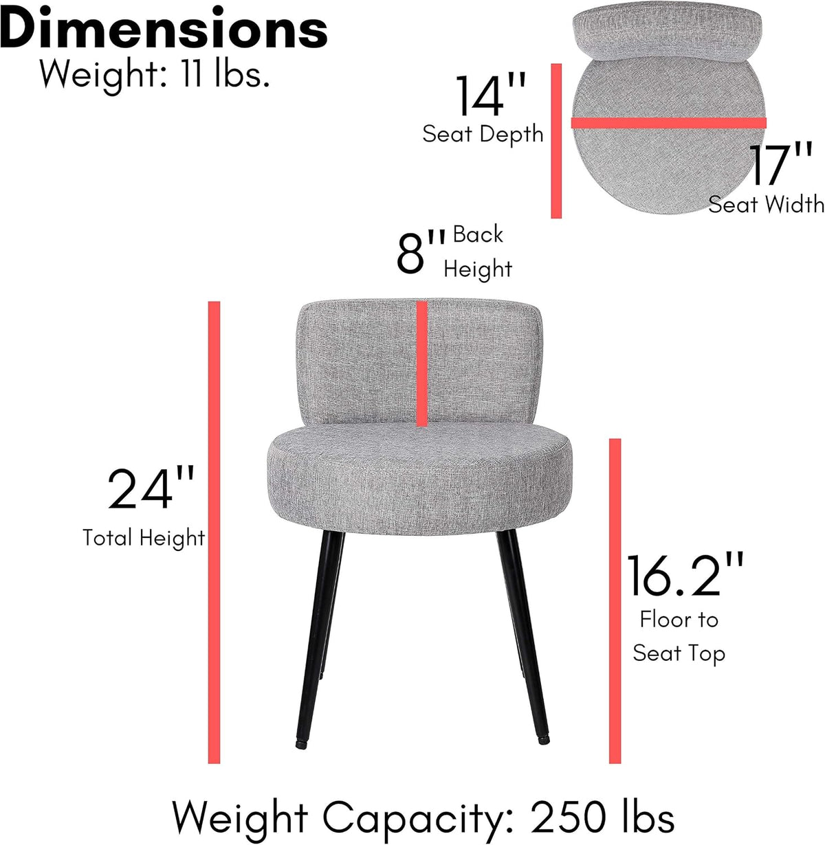 BIRDROCK HOME Linen Chair w/Back - Small Padded Footrest - Compact Round Ottoman Foot Stool - Living Room, Office, Dorm Chair - Upholstered Soft Seating - Black Metal Legs - Couch, Desk, Sofa - Grey